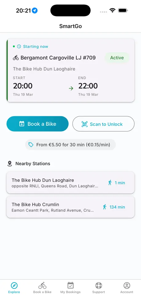 SmartGo home screen showing active booking and nearby stations