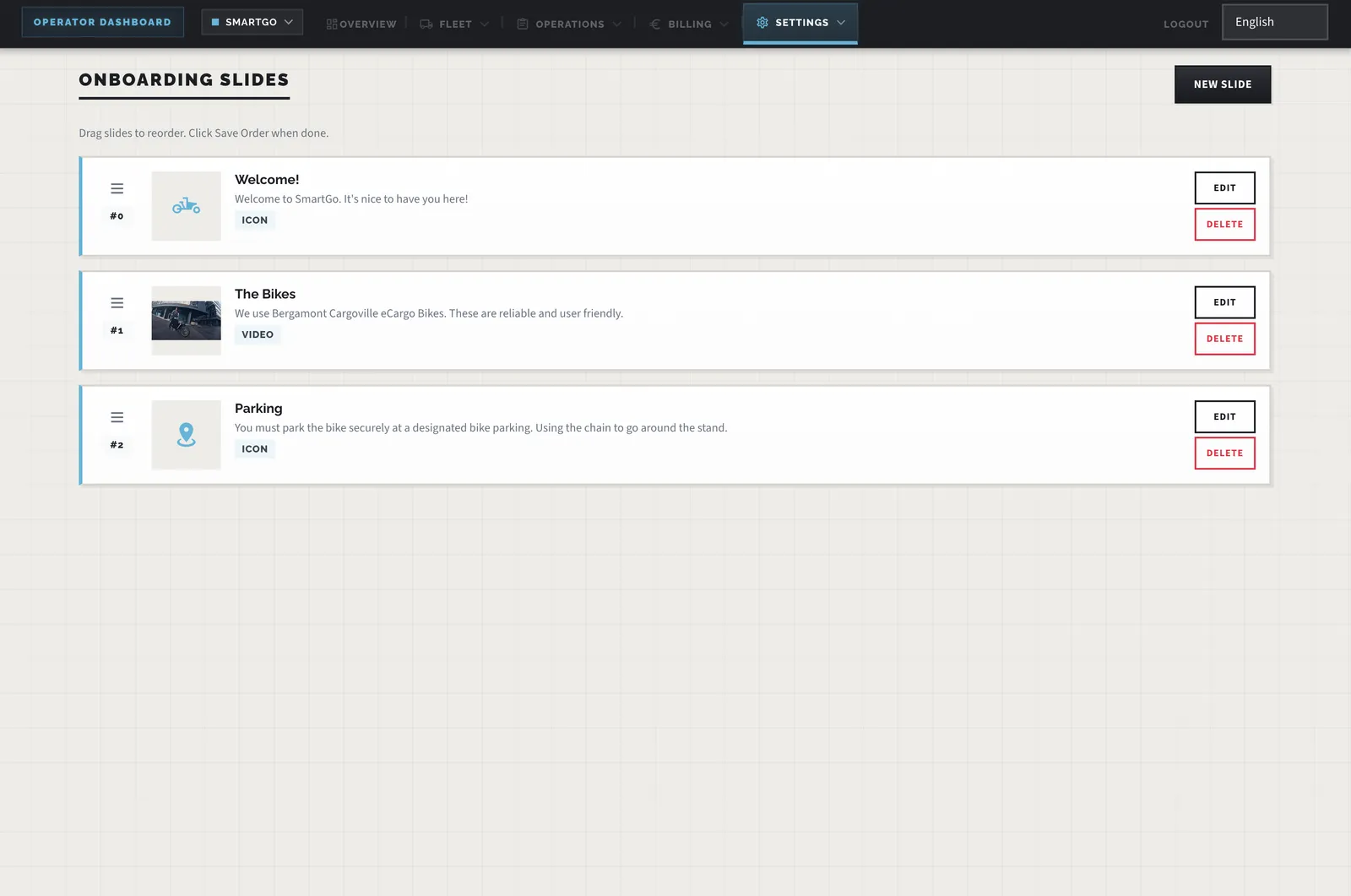 Customizable onboarding slides for rider education