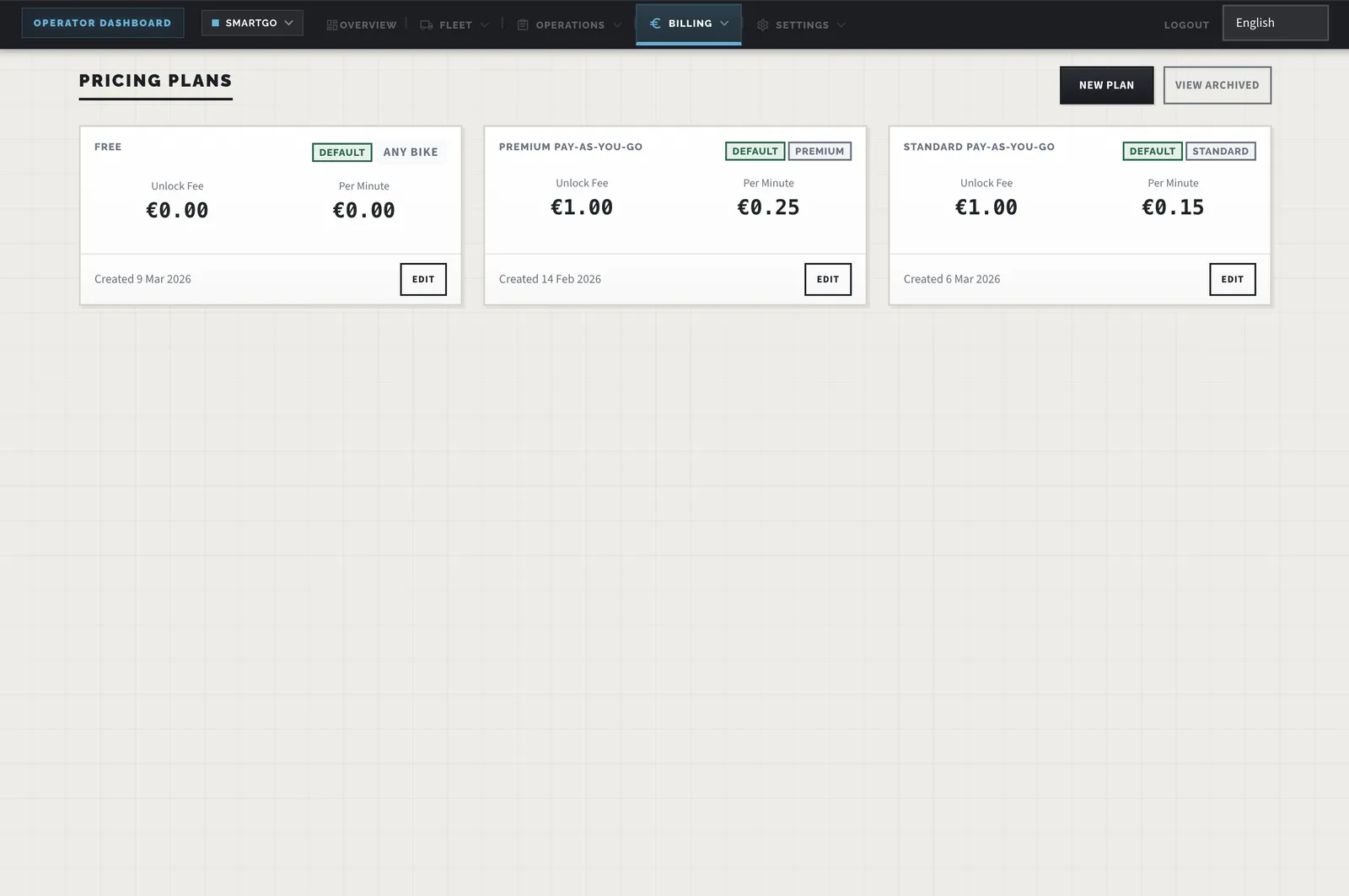 Pricing plans configuration with unlock fees and per-minute rates