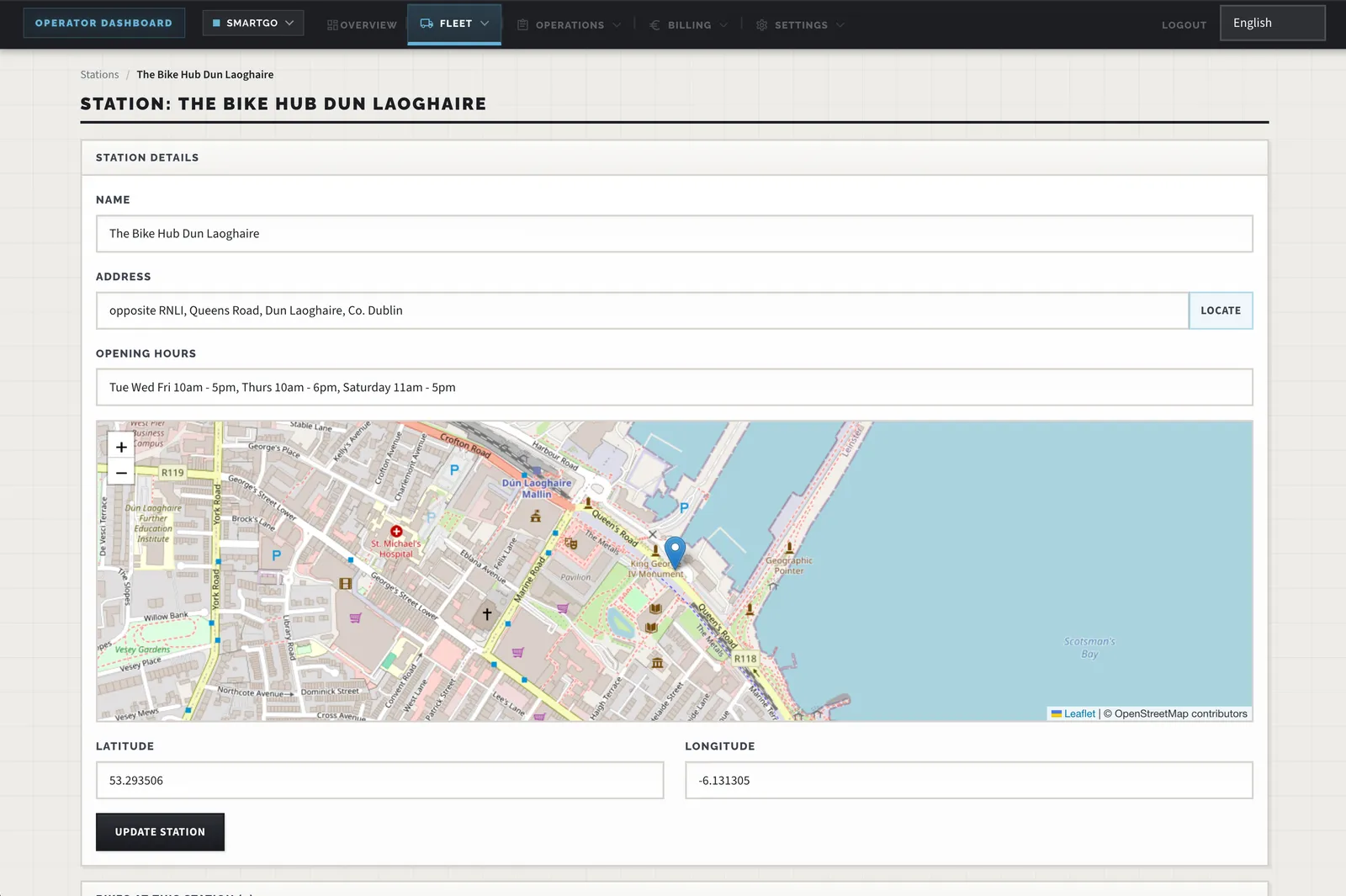 Station management with map, coordinates, and opening hours